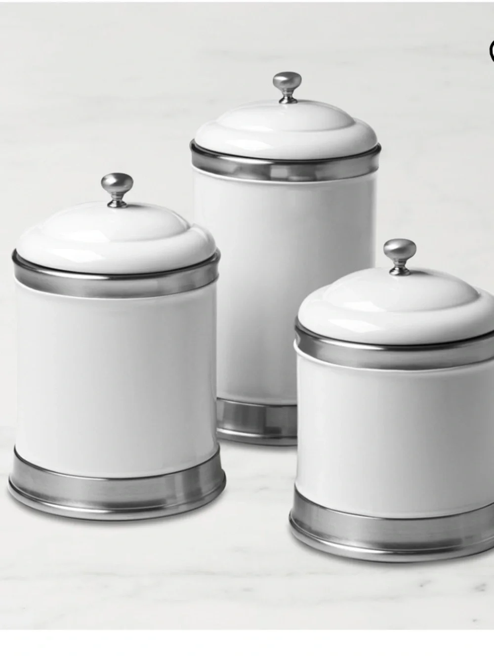 Williams Sonoma White Ceramic Canister Set with Silver Accents Set of 3 NWOT